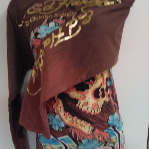 Ed Hardy Brown Long Sleeve Skull Graphics t-shirt Rare Find - Picture 4 of 16